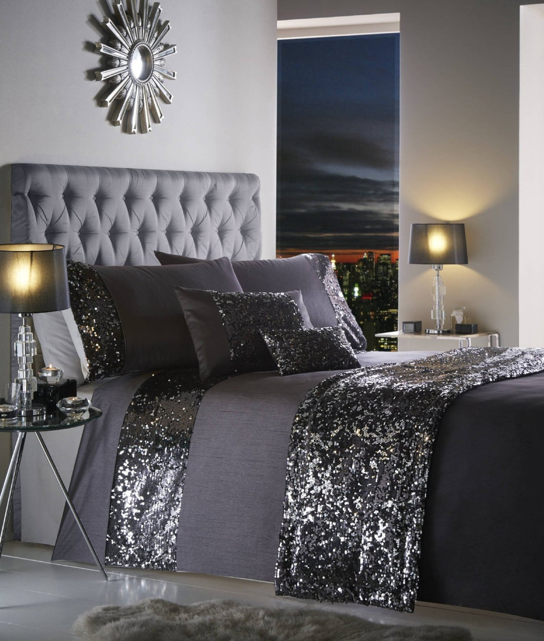 Double Bed Duvet Cover Set Dazzle Charcoal Sequins