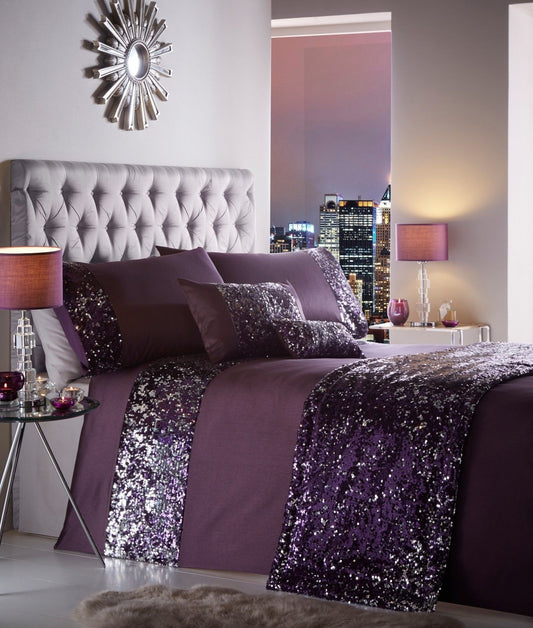 Double Bed Duvet Cover Set Dazzle Amethyst Purple Sequins
