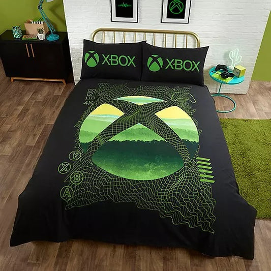 Xbox Vision Double Bed Duvet Cover Set Xbox Green Black Logo Microsoft Gamer Bedding