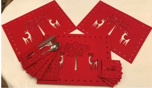 Red Felt Deer Dining Linen 12 Piece Set Placemats, Coasters, Cutlery Holders