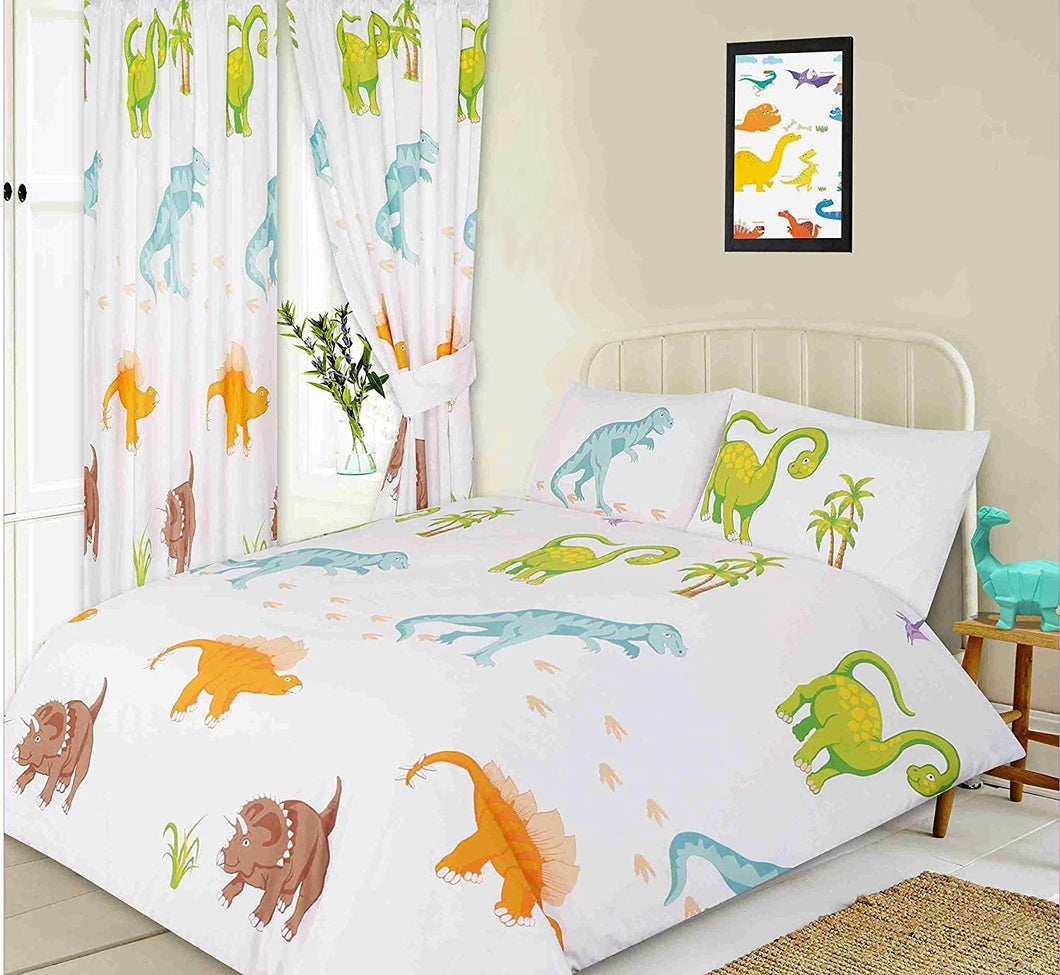 Dinosaurs T-Rex Triceratops Blue Green Double Bed Duvet Cover Set Kids Bedding