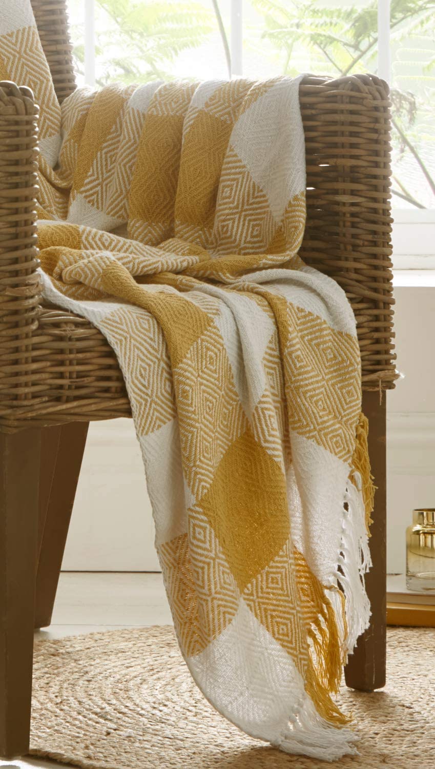 Epsom Throw Ochre Woven Tassel Ends 228cm x 250cm Cotton