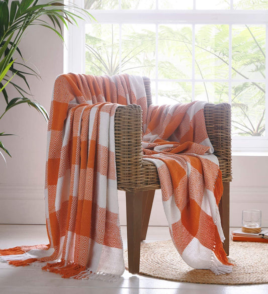Epsom Throw Terracotta Orange Woven Tassel Ends 130cm x 170cm Cotton