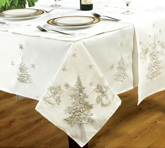 Festive 70" x 108" Tablecloth White Silver Festive Dining Christmas Party Embroidered Detailing