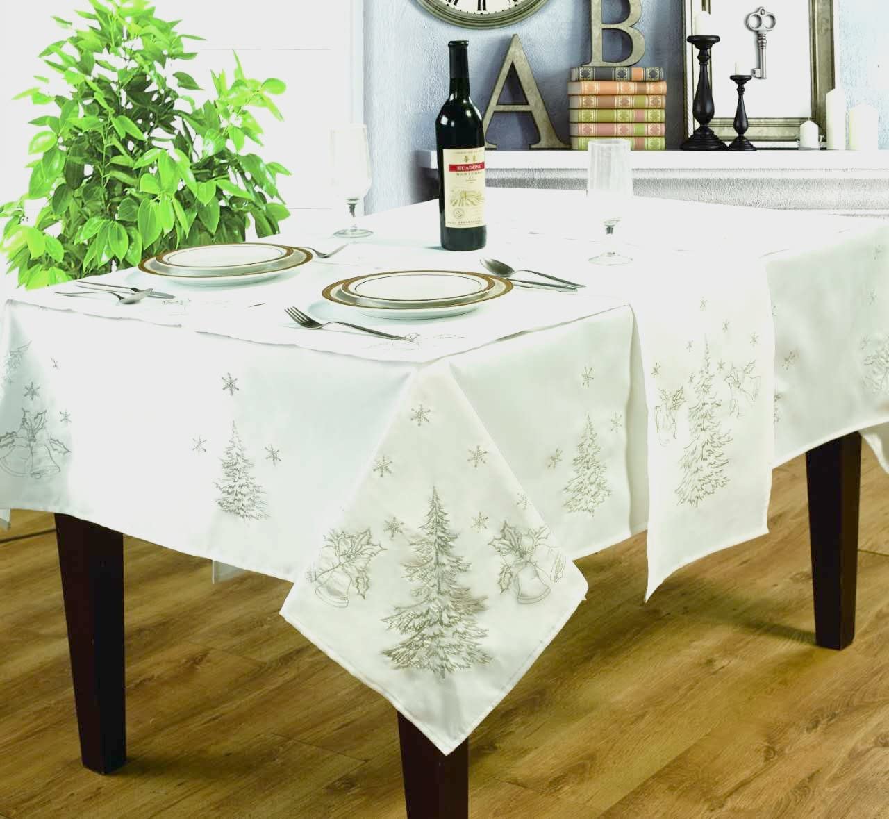 Festive White Silver Festive Dining Table Runner Christmas Party Embroidered Tree Bells Detailing