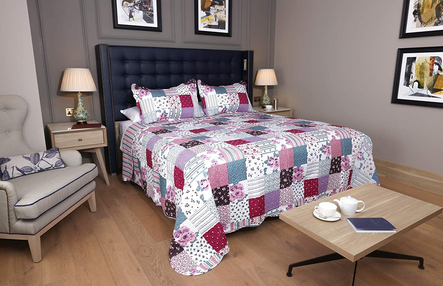 Single Bed Quilted Bedspread And Pillowsham Throw Over Freya Purple 180cm x 240cm