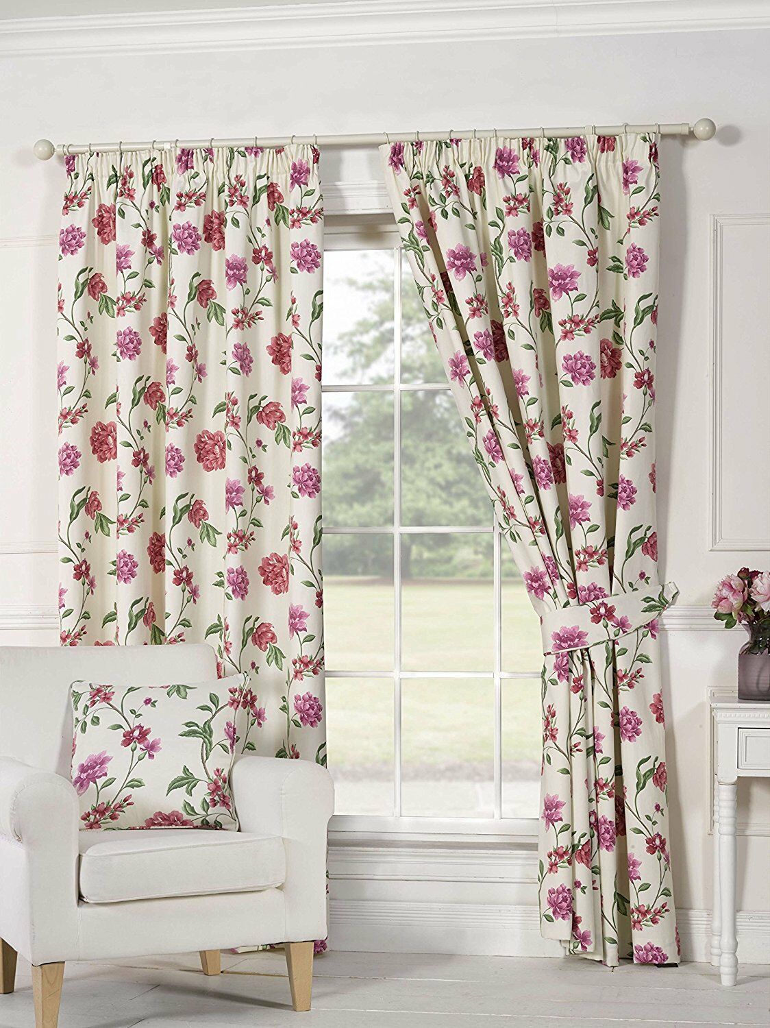 Genevieve 90" x 90" Ready Made Lined Curtains Floral Cream Pink Heavy Quality