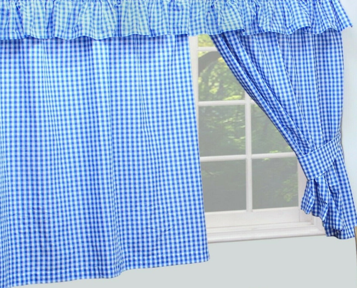 Gingham Check 46" x 42" Bluebell White Unlined Pencil Pleat Curtains