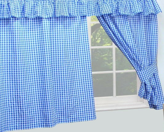 Gingham Check 66" x 48" Bluebell White Unlined Pencil Pleat Curtains