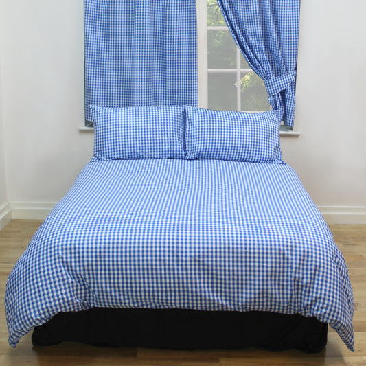 Single Bed Gingham Check Blue White Duvet Cover Set 100% Natural Cotton