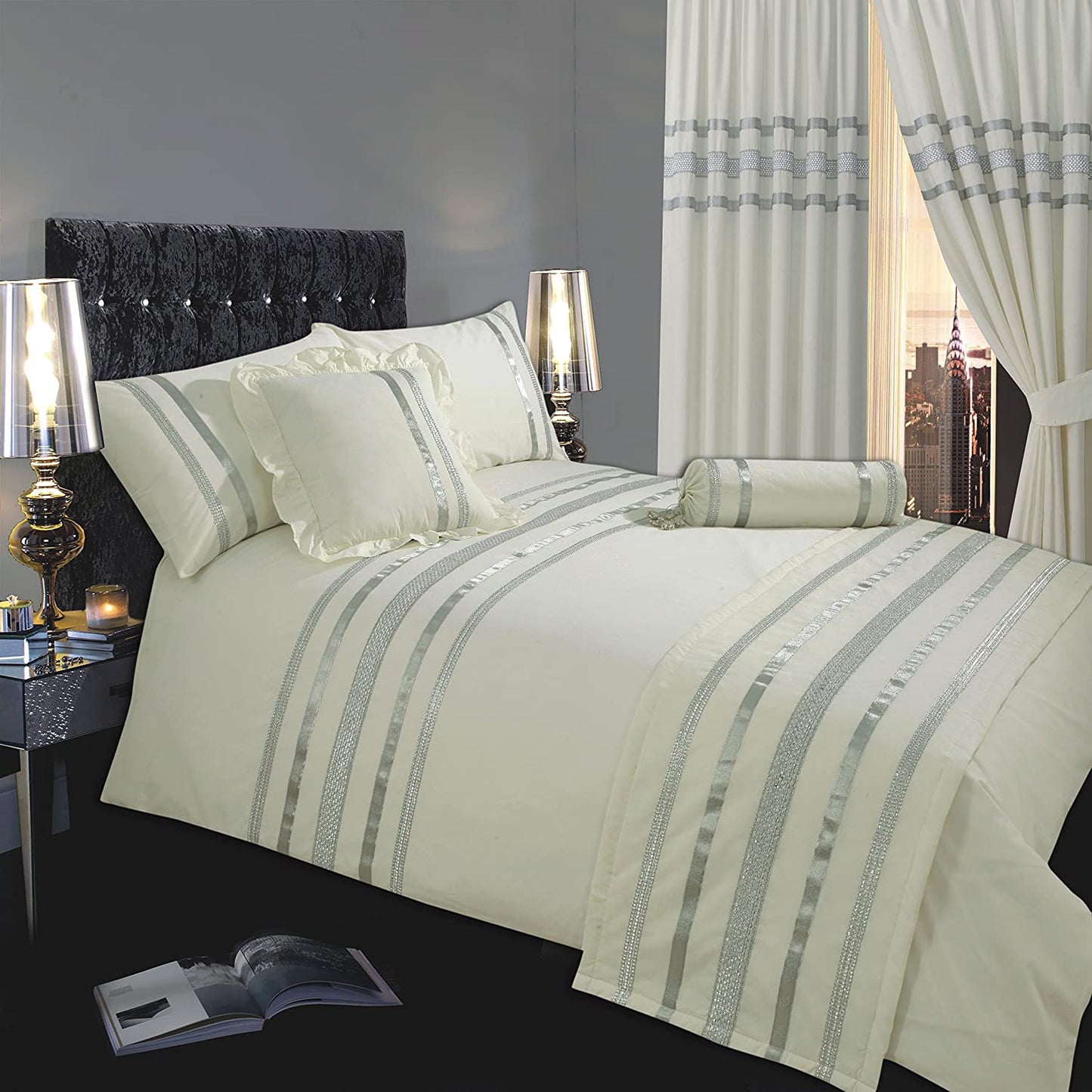 Double Bed Glamour Cream Silver Trim Duvet Cover Set