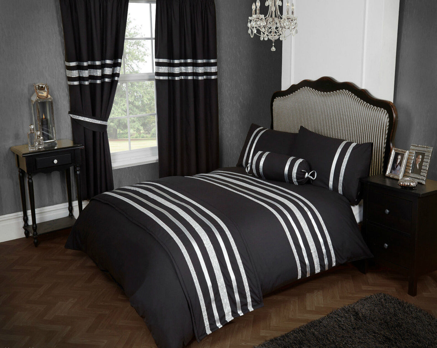 Super King Size Glitz Black Silver Trim Duvet Cover Set