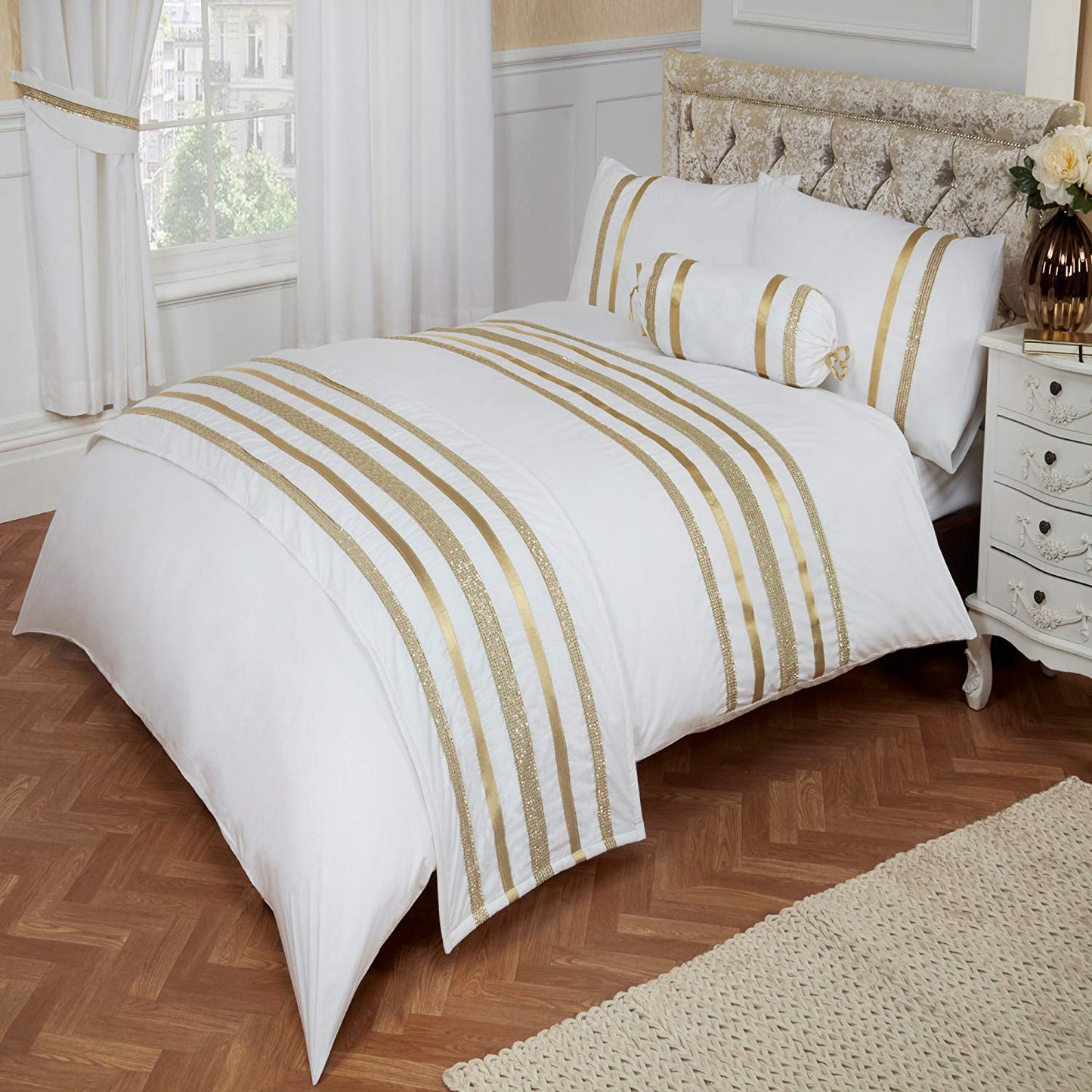 King Size Glitz White Gold Trim Duvet Cover Set 200 Thread Count Bedding