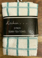 Load image into Gallery viewer, Pack Of 3 Fancy Check Terry Tea Towel Pastel Green White 100% Cotton
