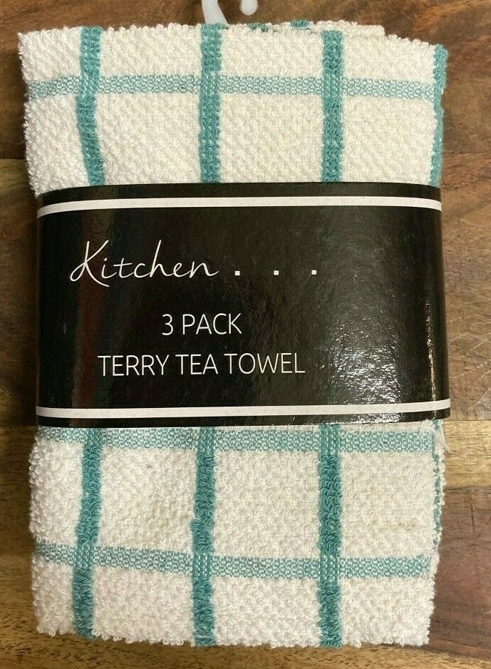 Pack Of 3 Fancy Check Terry Tea Towel Pastel Green White 100% Cotton