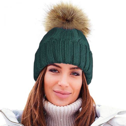 Ladies Cable Knitted Soft Teddy Fur Fleece Lining Ski Hat With Large Detachable Pom Pom