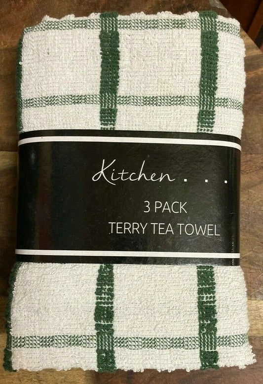 Pack Of 3 Fancy Check Terry Tea Towel Green White 100% Cotton
