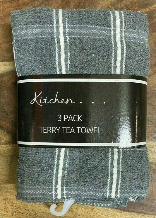 Pack Of 3 Fancy Check Terry Tea Towel Grey White 100% Cotton