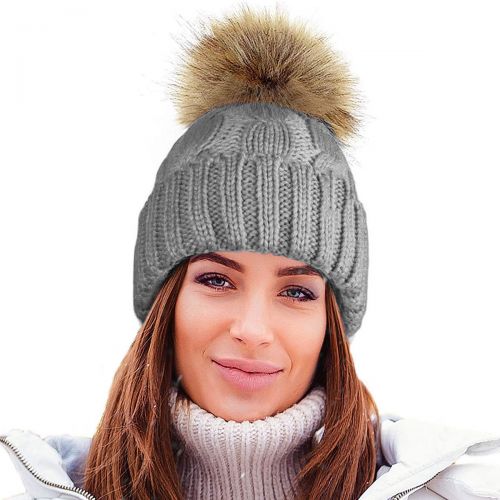 Ladies Cable Knitted Soft Teddy Fur Fleece Lining Ski Hat With Large Detachable Pom Pom