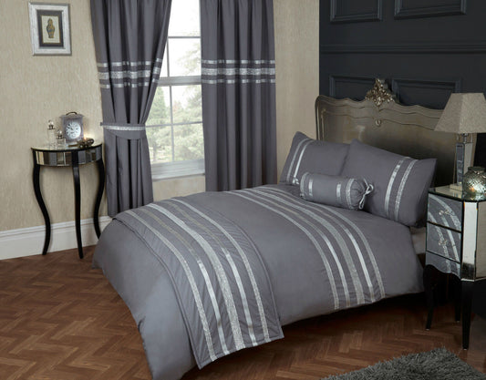 Double Bed Glitz Grey Silver Trim Duvet Cover Set 100% Cotton