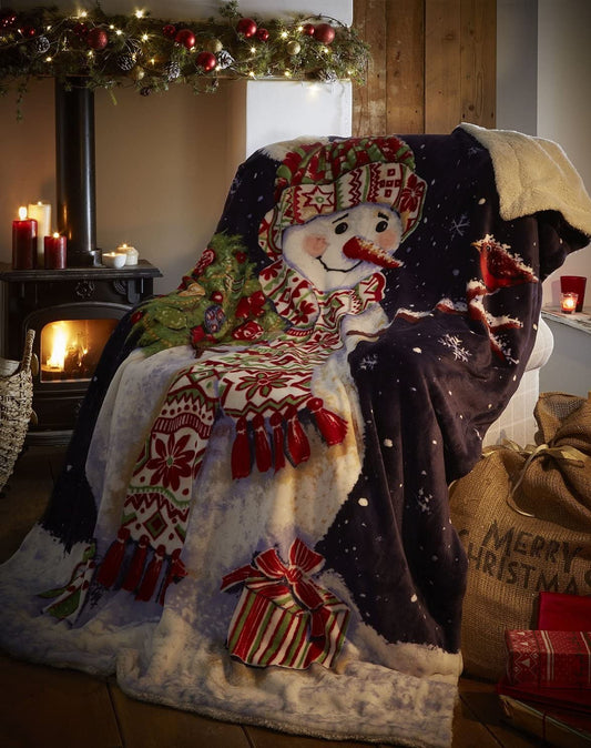 Happy Snowman Sherpa Fleece Blanket 130cm x 170cm
