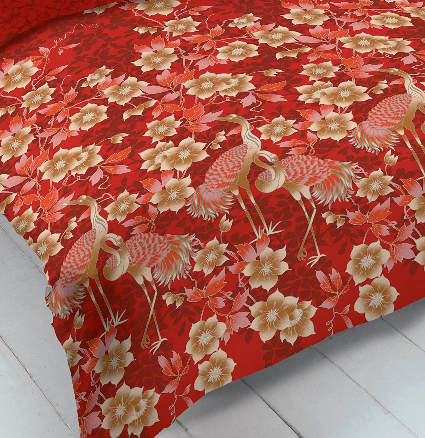Double Bed Size Duvet Cover Set Heron Red Floral Bird Reversible Bedding
