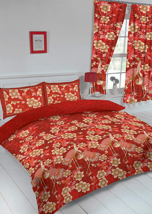 Double Bed Size Duvet Cover Set Heron Red Floral Bird Reversible Bedding