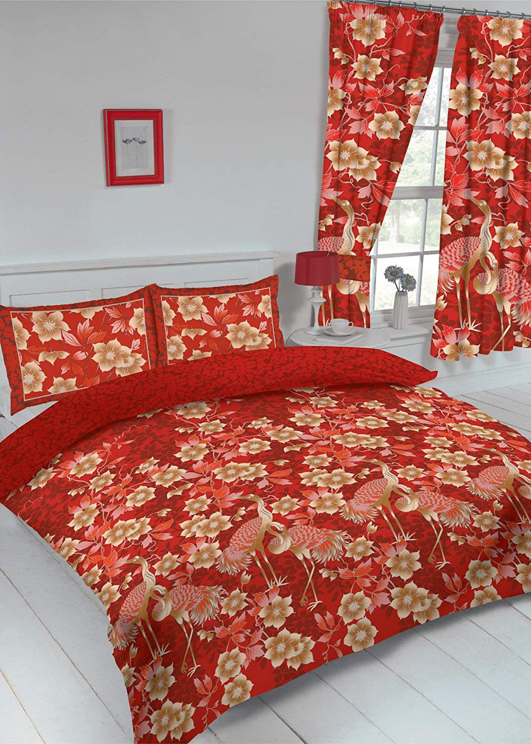 King Size Duvet Cover Set Heron Red Floral Bird Reversible Bedding