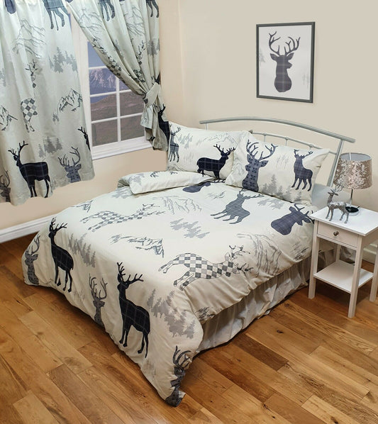 Double Bed Highland Stag Duvet Cover Set Reversible Navy Cream Grey Mountains