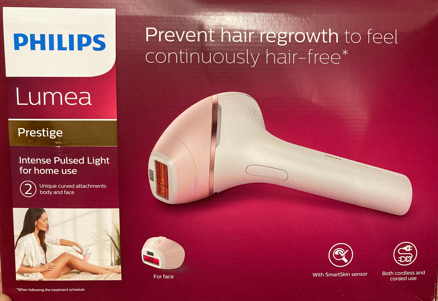 Philips Lumea Prestige IPL Cordless Hair Removal Device with 2 Attachments for Body and Face - BRI950/00