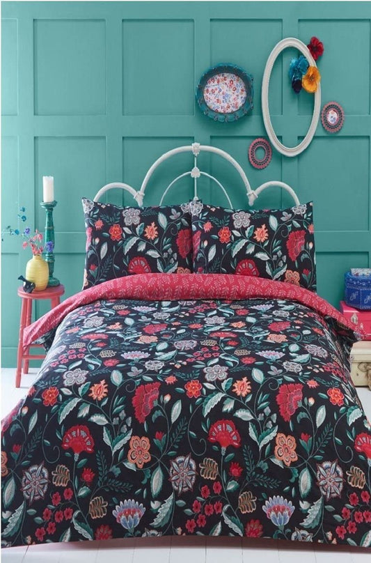 Double Bed Duvet Cover Set Irvine Black Pink Cerise Floral Bedding Set