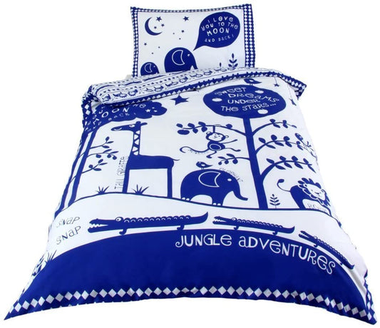 Single Bed Jungle Adventures Duvet Cover Set White Blue Giraffe Elephant Crocodile