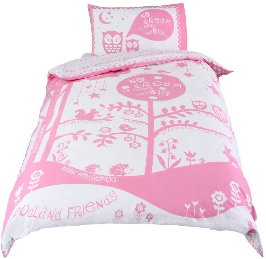 Single Bed Woodland Friends Duvet Cover Set White Pink Owls Birds Squirrel