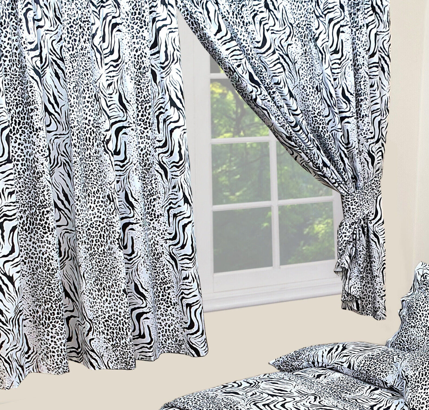 Kalahari 66" x 72" Unlined Pencil Pleat Curtains Animal Print Black White Leopard Tiger Zebra