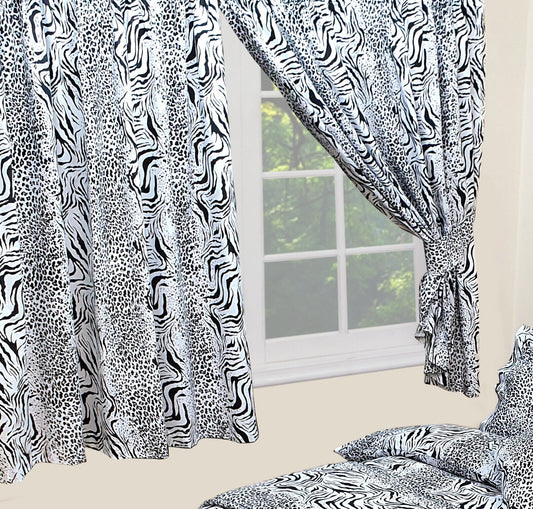 Kalahari 66" x 72" Unlined Pencil Pleat Curtains Animal Print Black White Leopard Tiger Zebra