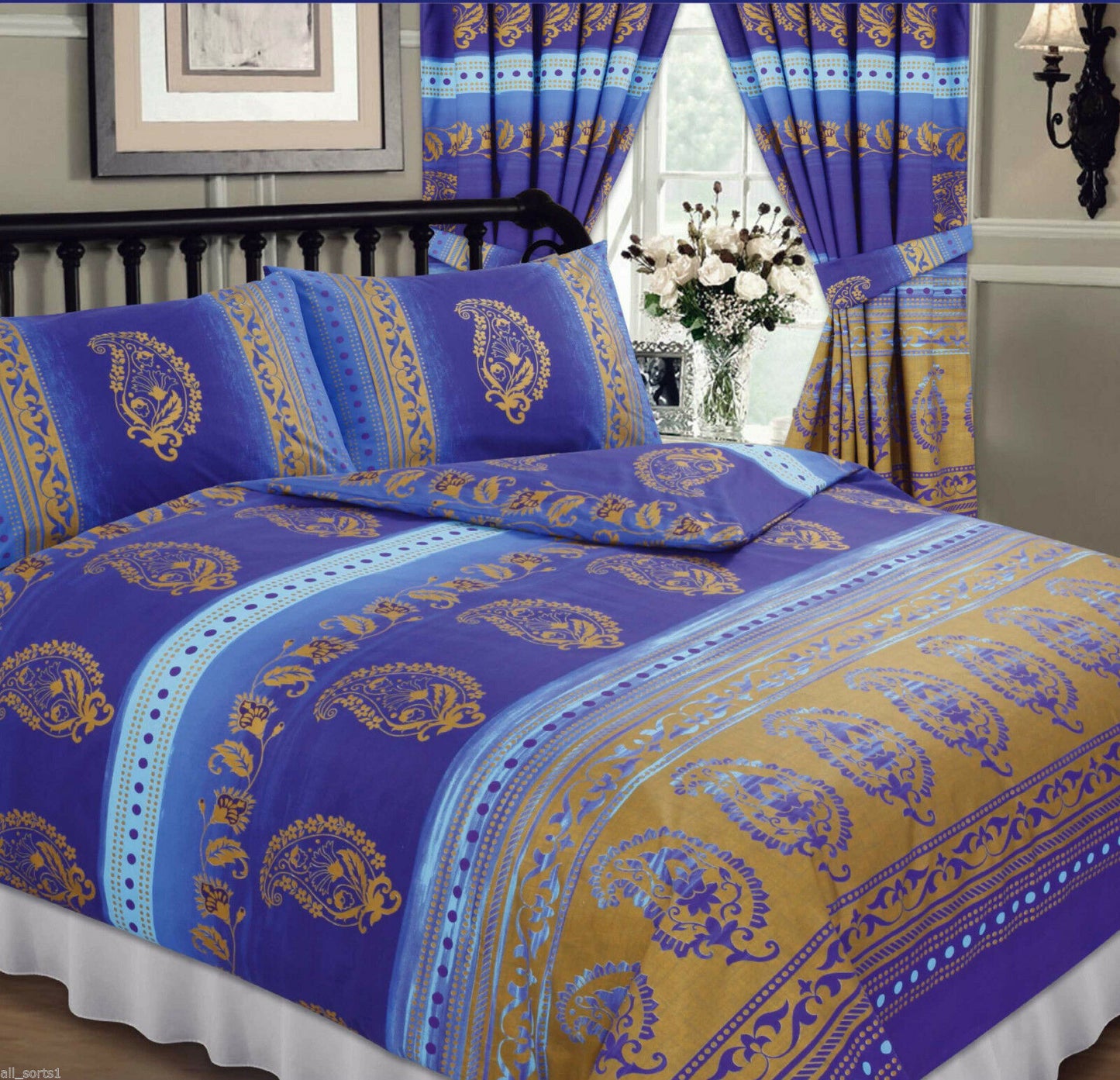 Double Bed Duvet Cover Set Kashmir Blue Gold Ethnic Print