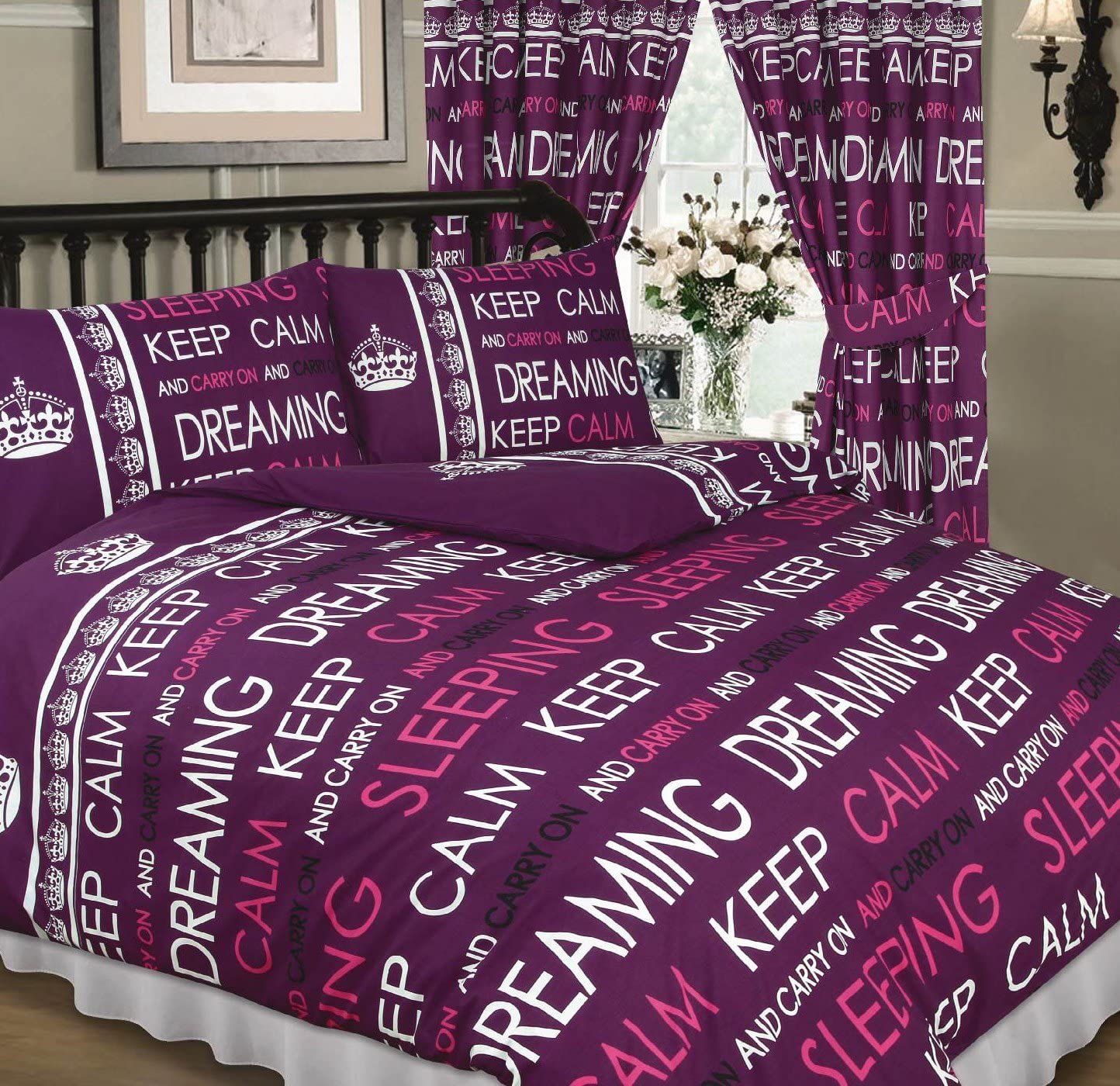Double Bed Duvet Cover Set Keep Calm And Carry On Purple Berry