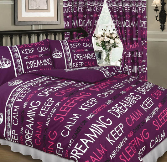 King Size Duvet Cover Set Keep Calm And Carry On Purple Berry