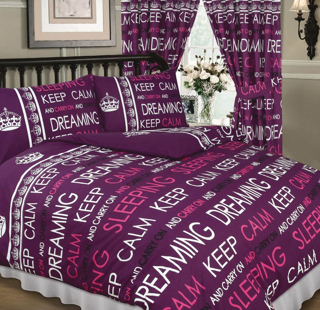 King Size Duvet Cover Set Keep Calm And Carry On Purple Berry