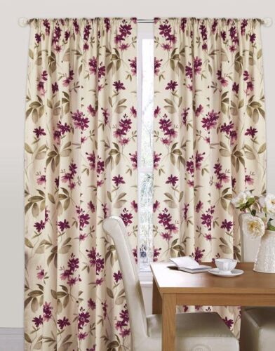 Curtina Kerena 66" x 90" Pencil Pleat Fully Lined Curtains Floral Aubergine Lilac Cream