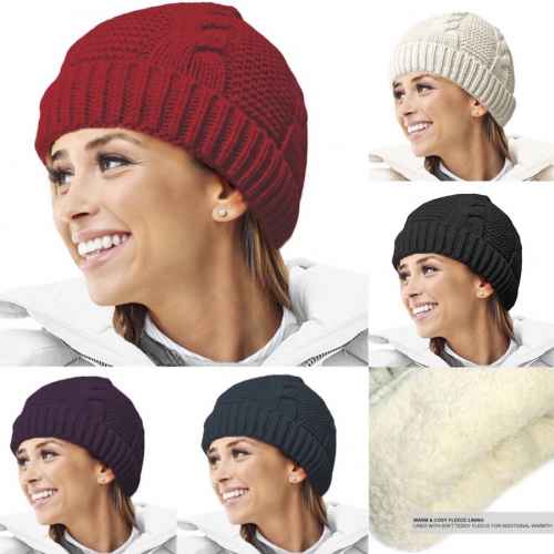 Ladies Cable Knit Soft Teddy Fur Fleece Lining Ski Hat Winter Essentials