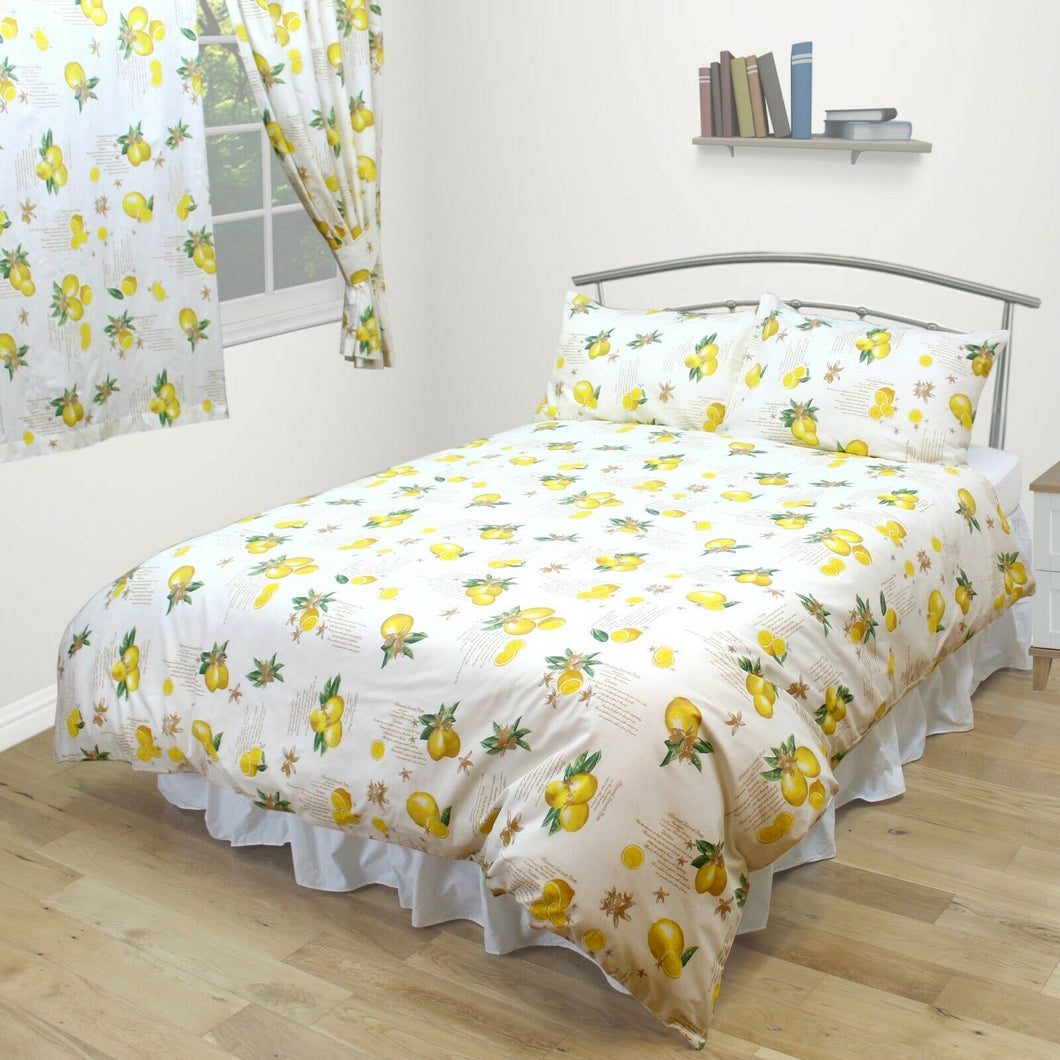 Double Bed Lemons Yellow Cream Duvet Cover Set 100% Cotton