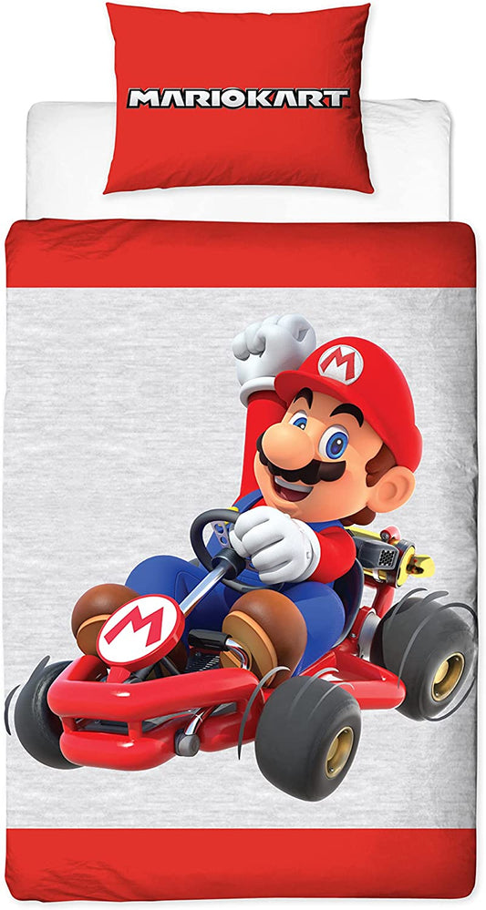 Single Bed Official Super Mario Kart Reversible Duvet Cover Set Character Bedding Red White Grey