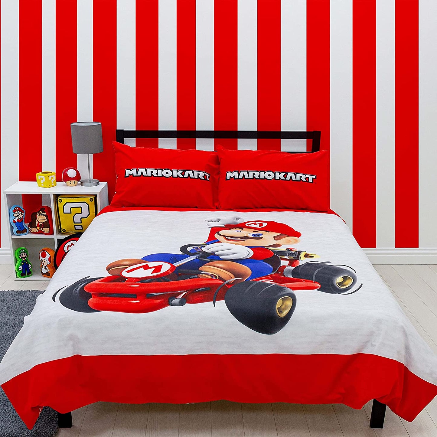 Double Bed Official Super Mario Kart Reversible Duvet Cover Set Character Bedding Red White Grey
