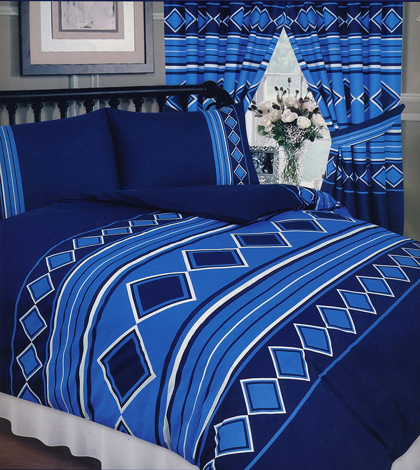 King Size Duvet Cover Set Men Only Blue Diamonds Stripes Navy