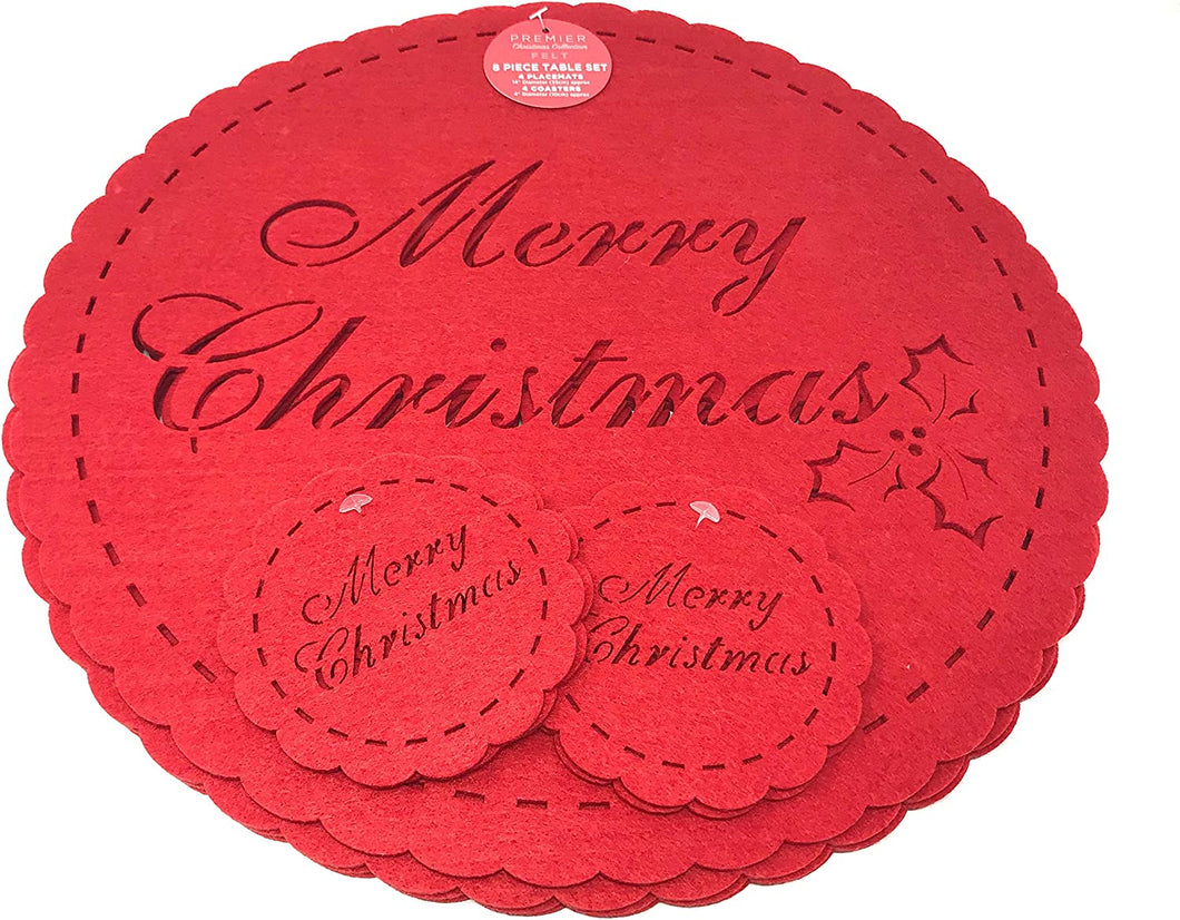 Merry Christmas Table Set Red Felt 8 Piece Set Placemats And Coasters Festive Dining
