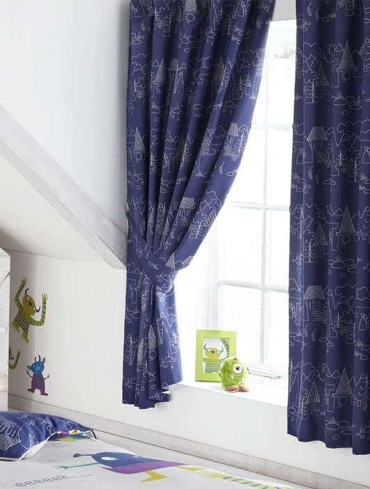 Friendly Monsters Blue 66" x 72" Fully Lined Pencil Pleat Curtains