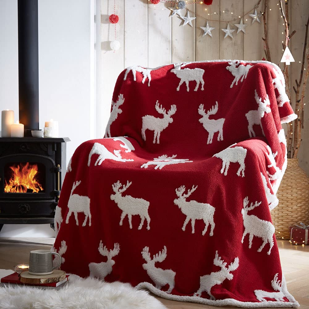 Moose Red Sherpa Fleece Blanket 130cm x 170cm