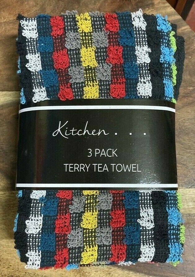 Pack Of 3 Fancy Check Terry Tea Towel Multicoloured 100% Cotton