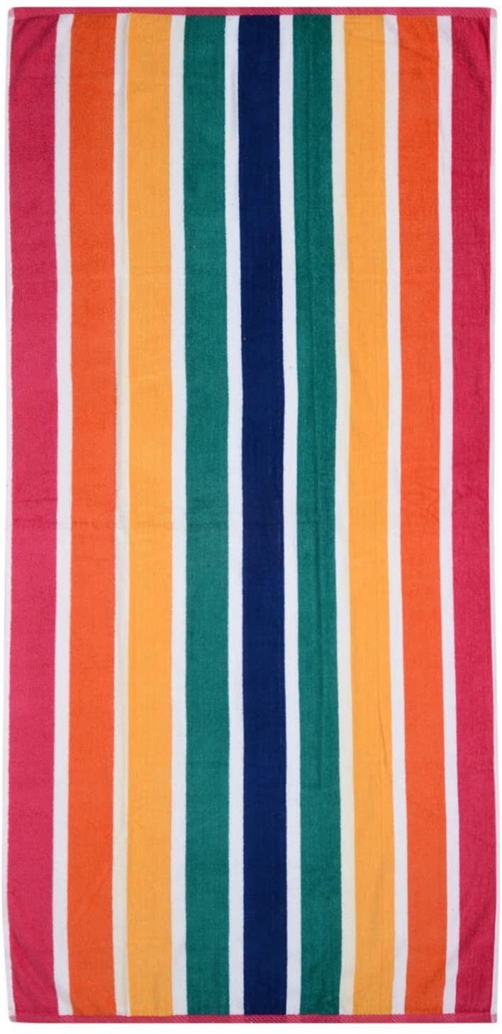 Large Beach Towel Velour Multi Striped Yellow Pink Orange Green Blue White 75cm x 150cm